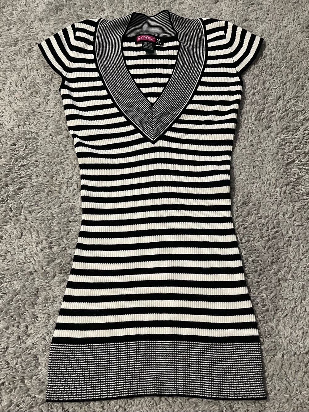 Vintage Y2K Say What? Black and White Striped V-Neck Mini Dress
